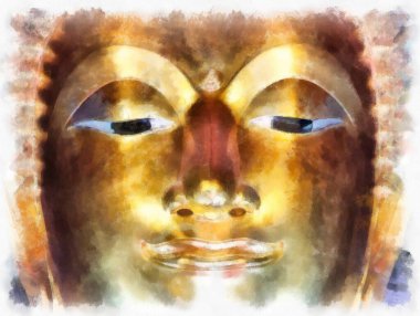 Tayland 'ın Bangkok kentindeki antik mimari ve antik sanat manzarası suluboya resim çizimi izlenimcisi.