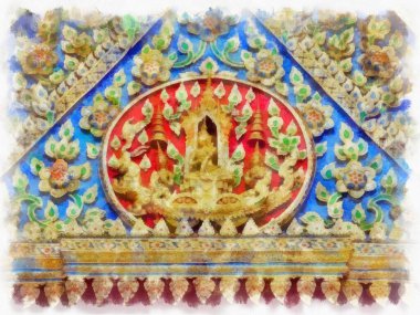 Tayland 'ın Bangkok kentindeki antik mimari ve antik sanat manzarası suluboya resim çizimi izlenimcisi.