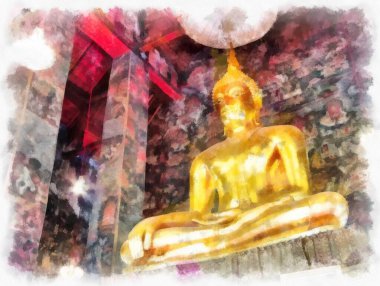 Tayland 'ın Bangkok kentindeki antik mimari ve antik sanat manzarası suluboya resim çizimi izlenimcisi.