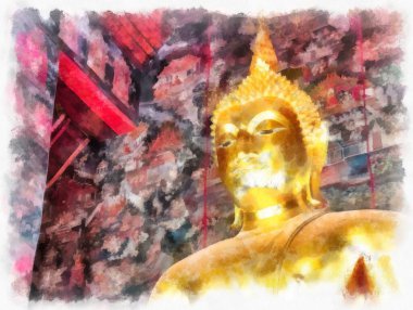 Tayland 'ın Bangkok kentindeki antik mimari ve antik sanat manzarası suluboya resim çizimi izlenimcisi.