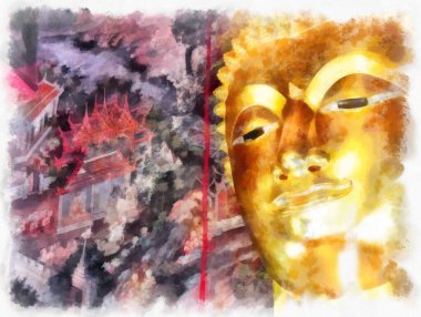 Tayland 'ın Bangkok kentindeki antik mimari ve antik sanat manzarası suluboya resim çizimi izlenimcisi.