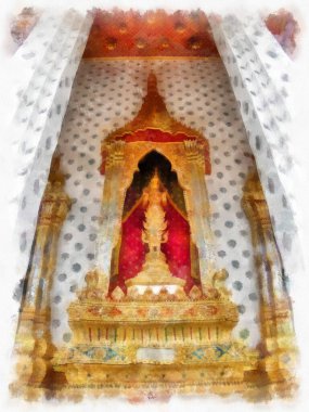 Tayland 'ın Bangkok kentindeki antik mimari ve antik sanat manzarası suluboya resim çizimi izlenimcisi.