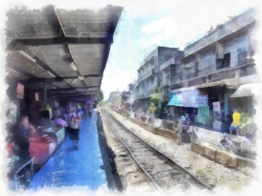 Bangkok 'taki antik dükkanların manzarası suluboya resim çizimi izlenimcisi.