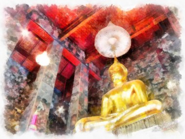 Tayland 'ın Bangkok kentindeki antik mimari ve antik sanat manzarası suluboya resim çizimi izlenimcisi.