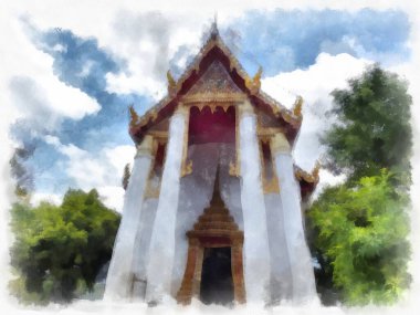 Tayland 'ın Bangkok kentindeki antik mimari ve antik sanat manzarası suluboya resim çizimi izlenimcisi.