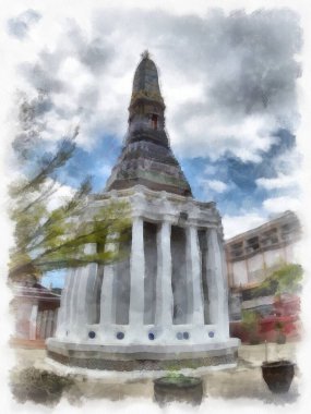 Tayland 'ın Bangkok kentindeki antik mimari ve antik sanat manzarası suluboya resim çizimi izlenimcisi.