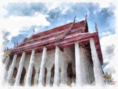 Tayland 'ın Bangkok kentindeki antik mimari ve antik sanat manzarası suluboya resim çizimi izlenimcisi.