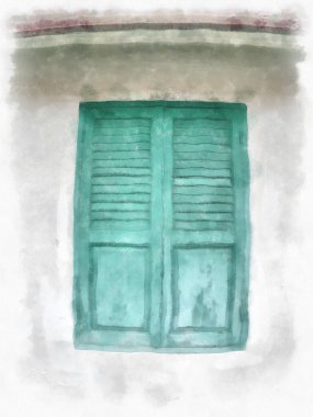 Tayland 'ın Bangkok kentindeki antik mimari ve antik sanat manzarası suluboya resim çizimi izlenimcisi.