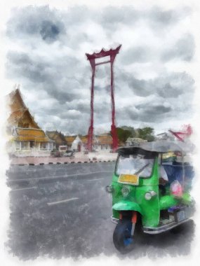 Tayland 'ın Bangkok kentindeki antik mimari ve antik sanat manzarası suluboya resim çizimi izlenimcisi.