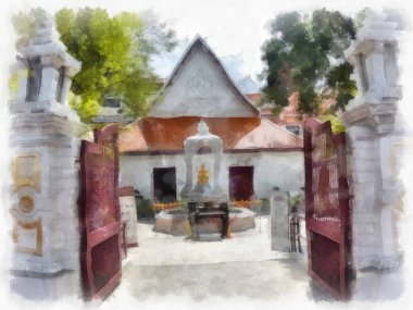 Tayland 'ın Bangkok kentindeki antik mimari ve antik sanat manzarası suluboya resim çizimi izlenimcisi.