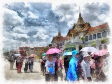 Bangkok Tayland 'daki Büyük Saray Wat Phra Kaew' in manzarası suluboya resim ressamı.