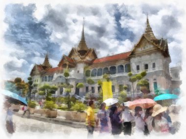 Bangkok Tayland 'daki Büyük Saray Wat Phra Kaew' in manzarası suluboya resim ressamı.