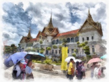 Bangkok Tayland 'daki Büyük Saray Wat Phra Kaew' in manzarası suluboya resim ressamı.