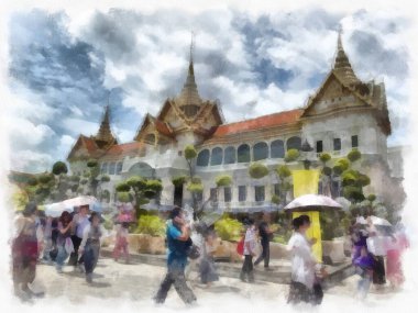 Bangkok Tayland 'daki Büyük Saray Wat Phra Kaew' in manzarası suluboya resim ressamı.