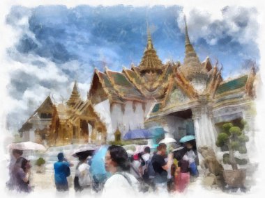 Bangkok Tayland 'daki Büyük Saray Wat Phra Kaew' in manzarası suluboya resim ressamı.