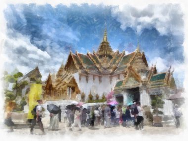 Bangkok Tayland 'daki Büyük Saray Wat Phra Kaew' in manzarası suluboya resim ressamı.