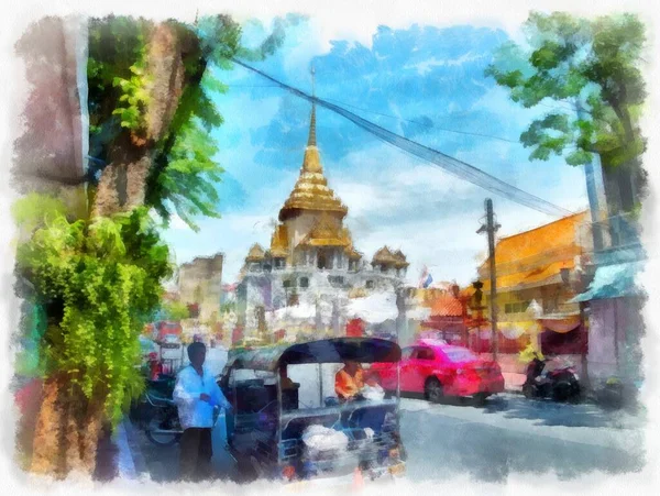 Tayland 'ın Bangkok kentindeki antik mimari ve antik sanat manzarası suluboya resim çizimi izlenimcisi.