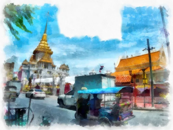 Tayland 'ın Bangkok kentindeki antik mimari ve antik sanat manzarası suluboya resim çizimi izlenimcisi.