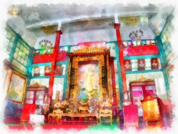 Tayland 'ın Bangkok kentindeki antik mimari ve antik sanat manzarası suluboya resim çizimi izlenimcisi.