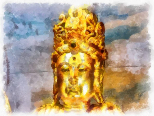 Tayland 'ın Bangkok kentindeki antik mimari ve antik sanat manzarası suluboya resim çizimi izlenimcisi.