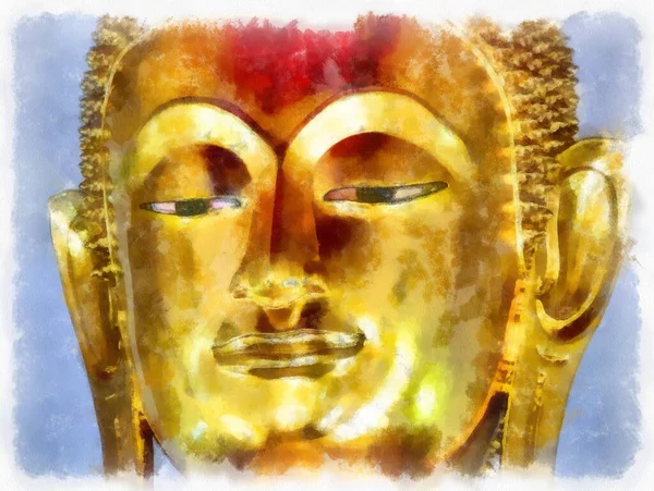 Tayland 'ın Bangkok kentindeki antik mimari ve antik sanat manzarası suluboya resim çizimi izlenimcisi.