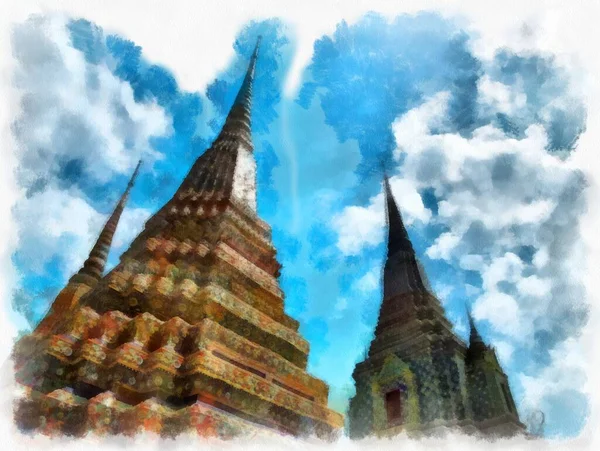 Landscape Ancient Architecture Ancient Art Bangkok Thailand Watercolor Style Illustration — стокове фото