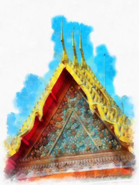 Tayland 'ın Bangkok kentindeki antik mimari ve antik sanat manzarası suluboya resim çizimi izlenimcisi.