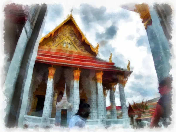Tájkép Ősi Építészet Ősi Művészet Bangkokban Thaiföld Akvarell Stílus Illusztráció — Stock Fotó