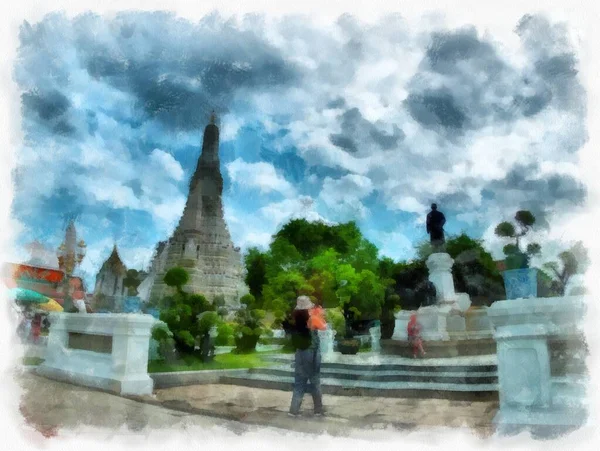 Tayland 'ın Bangkok kentindeki antik mimari ve antik sanat manzarası suluboya resim çizimi izlenimcisi.