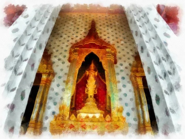 Tayland 'ın Bangkok kentindeki antik mimari ve antik sanat manzarası suluboya resim çizimi izlenimcisi.