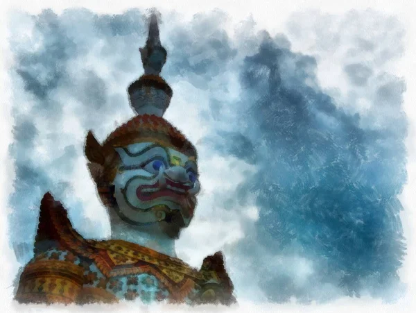 Tayland 'ın Bangkok kentindeki antik mimari ve antik sanat manzarası suluboya resim çizimi izlenimcisi.