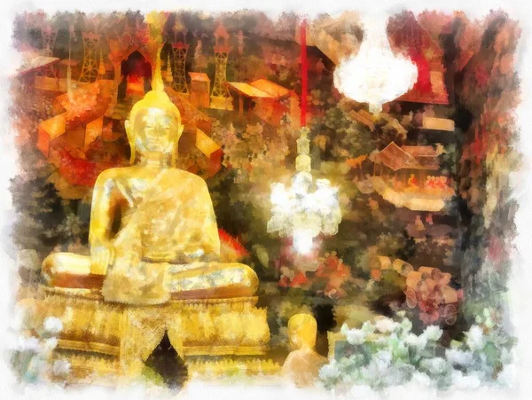 Tayland 'ın Bangkok kentindeki antik mimari ve antik sanat manzarası suluboya resim çizimi izlenimcisi.