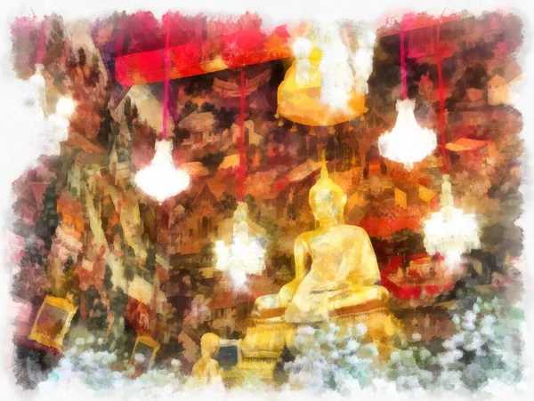 Tayland 'ın Bangkok kentindeki antik mimari ve antik sanat manzarası suluboya resim çizimi izlenimcisi.