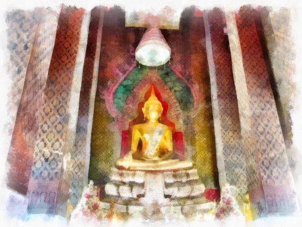 Tayland 'ın Bangkok kentindeki antik mimari ve antik sanat manzarası suluboya resim çizimi izlenimcisi.