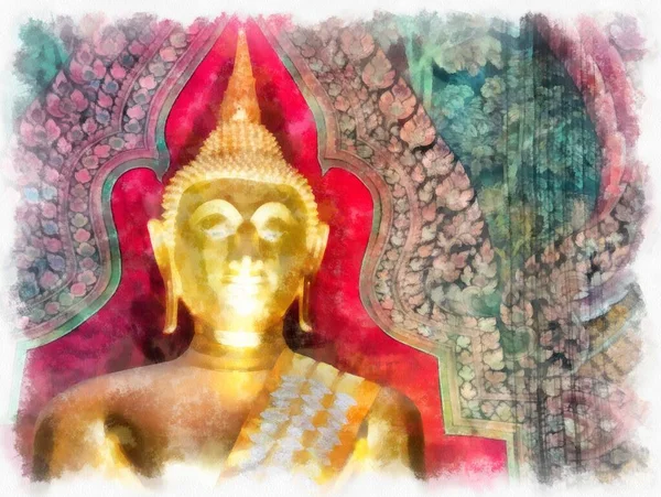 Tayland 'ın Bangkok kentindeki antik mimari ve antik sanat manzarası suluboya resim çizimi izlenimcisi.