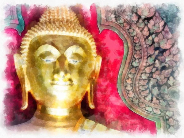 Tayland 'ın Bangkok kentindeki antik mimari ve antik sanat manzarası suluboya resim çizimi izlenimcisi.