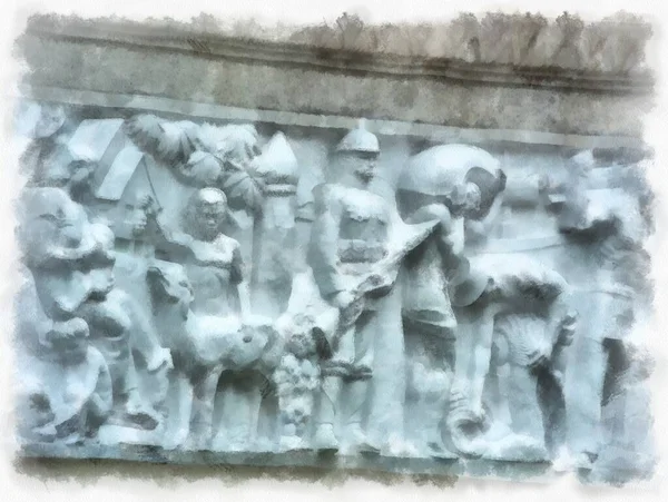 Tayland 'ın Bangkok kentindeki Demokrasi Anıtı' nın manzarası suluboya resim çizimi izlenimcisi.