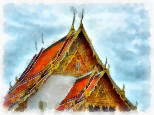 Tayland 'ın Bangkok kentindeki antik mimari ve antik sanat manzarası suluboya resim çizimi izlenimcisi.