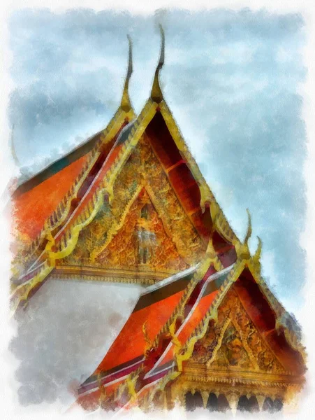 Tayland 'ın Bangkok kentindeki antik mimari ve antik sanat manzarası suluboya resim çizimi izlenimcisi.
