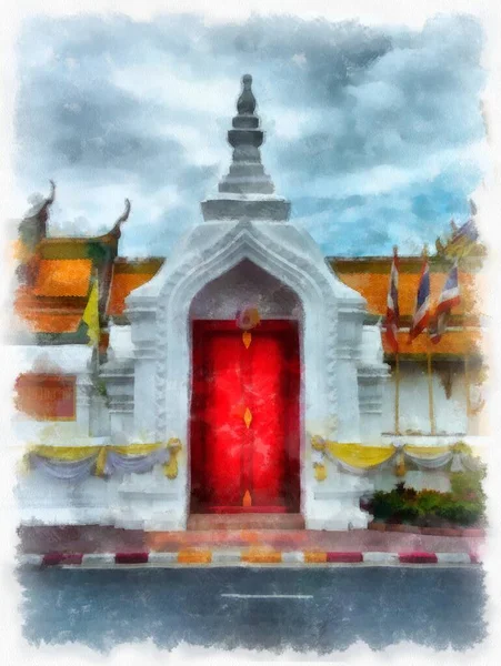 Tayland 'ın Bangkok kentindeki antik mimari ve antik sanat manzarası suluboya resim çizimi izlenimcisi.