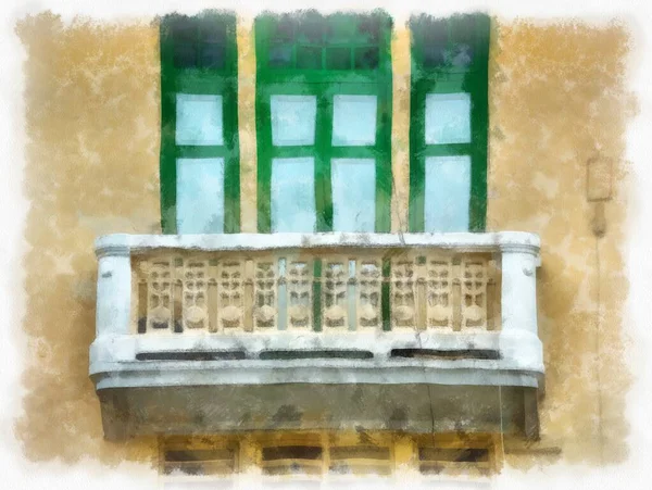 Tayland 'ın Bangkok kentindeki antik mimari ve antik sanat manzarası suluboya resim çizimi izlenimcisi.