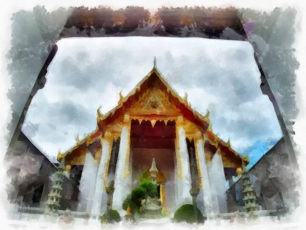 Landschap Van Oude Architectuur Oude Kunst Bangkok Van Thailand Aquarel — Stockfoto