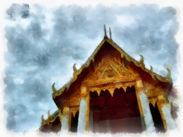 Landschap Van Oude Architectuur Oude Kunst Bangkok Van Thailand Aquarel — Stockfoto