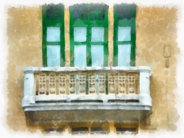 Tayland 'ın Bangkok kentindeki antik mimari ve antik sanat manzarası suluboya resim çizimi izlenimcisi.