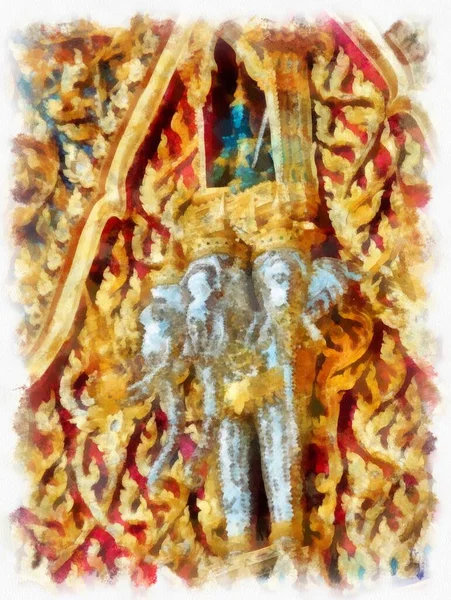 Tayland 'ın Bangkok kentindeki antik mimari ve antik sanat manzarası suluboya resim çizimi izlenimcisi.