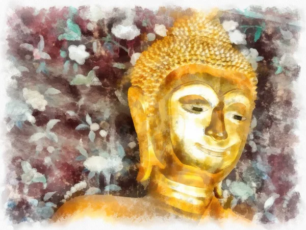 Tayland 'ın Bangkok kentindeki antik mimari ve antik sanat manzarası suluboya resim çizimi izlenimcisi.