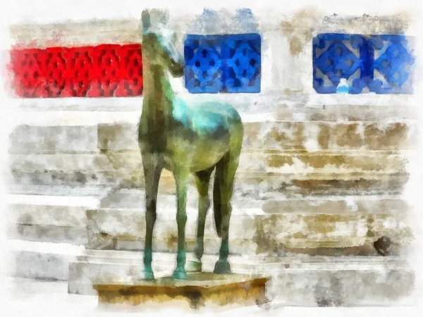 Tayland 'ın Bangkok kentindeki antik mimari ve antik sanat manzarası suluboya resim çizimi izlenimcisi.