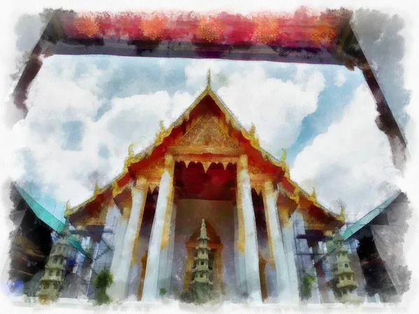 泰国曼谷古建筑与古代艺术景观水彩画印象派绘画 — 图库照片