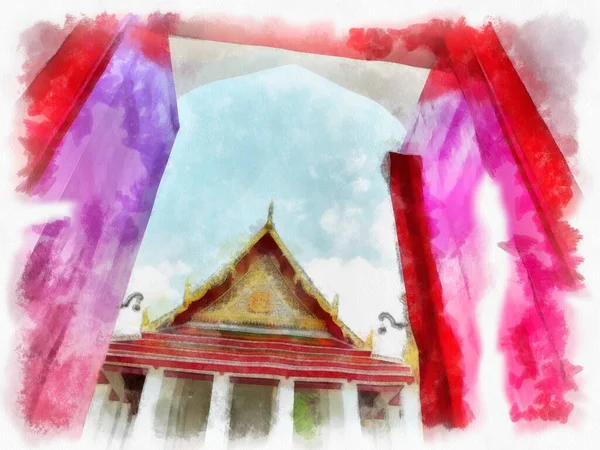Paisagem Arquitetura Antiga Arte Antiga Banguecoque Tailândia Aquarela Estilo Ilustração — Fotografia de Stock