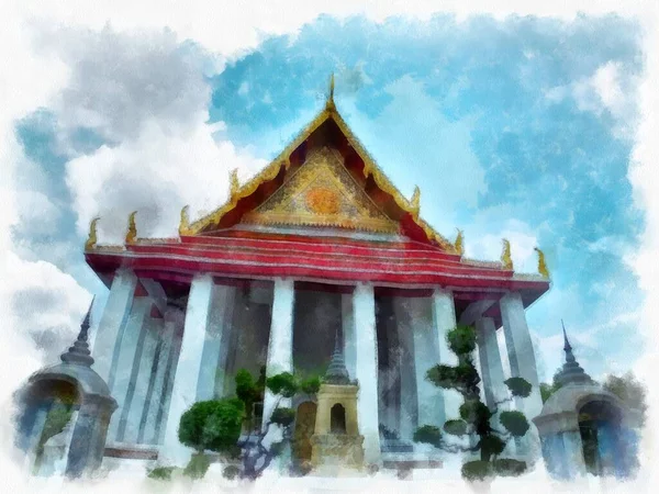 Tayland 'ın Bangkok kentindeki antik mimari ve antik sanat manzarası suluboya resim çizimi izlenimcisi.